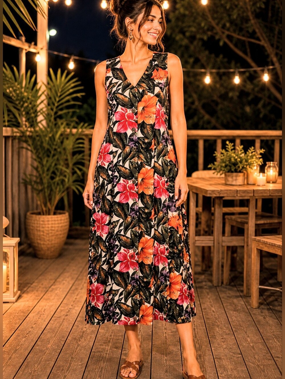 VTG 90s Jamie Brooke Tropical Floral Maxi Summer Dress Button Up Hawaiian 6